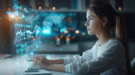 Aufkleber - A student sitting at a desk with a holographic display showing interactive lessons, charts, and digital books, representing online education technology. Generative AI.