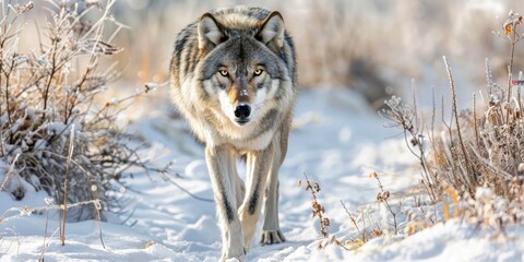 Wall Mural - Gray wolf traversing a snowy landscape