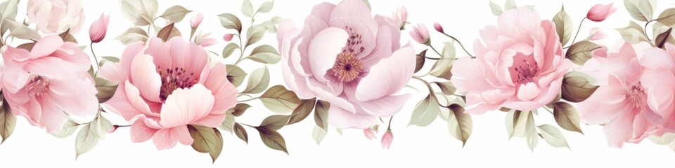 Elegant Watercolor Peony Pattern: Bohemian-Inspired Floral Design for Textile and Background Art. Soft-Hued Asian-Influenced Peonies and Green Leaves on Light Background. Versatile AI-Generated Illust