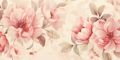 Elegant Watercolor Peony Pattern: Bohemian-Inspired Floral Design for Textile and Background Art. Soft-Hued Asian-Influenced Peonies and Green Leaves on Light Background. Versatile AI-Generated Illust