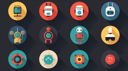 Poster - Colorful flat design robot icons with long shadows.