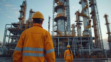 Fototapete - Workers outside an industrial plant for the production and processing of crude oil. Bright daytime. Generative AI.