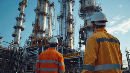 Fototapete - Workers outside an industrial plant for the production and processing of crude oil. Bright daytime. Generative AI.