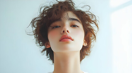 Poster - Young woman with short curly hair looking up.