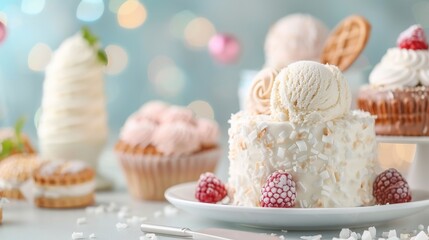 Delightful dessert display featuring a rich white cake topped with creamy ice cream, surrounded by colorful cupcakes and whimsical ice cream treats, inviting sweet indulgence.