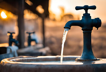 water is pouring from the tap in the countryside during a water problems of lack of clean water. world's global warming, climate change problem concept.