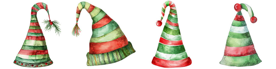 Wall Mural - Watercolor Elf Hats Set, Green and Red Striped, Isolated on White Background, Christmas, Elf, Holiday, Hat, Design