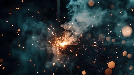Wall Mural - close-up of industrial welding with bright sparks and smoke in a dark, dramatic scene