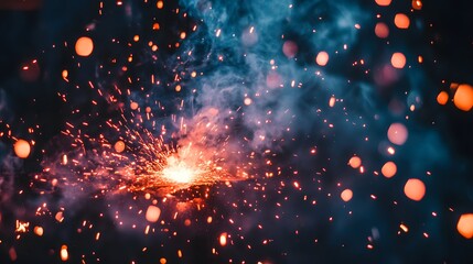 Wall Mural - close-up of industrial welding with bright sparks and smoke in a dark, dramatic scene