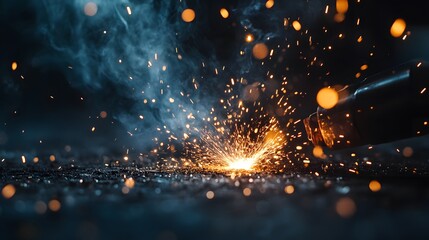 Wall Mural - close-up of industrial welding with bright sparks and smoke in a dark, dramatic scene
