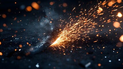 Wall Mural - close-up of metal grinding with sparks flying in a high-contrast, dark grey environment