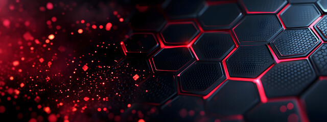 Wall Mural - modern dark hexagonal carbon fiber with red luminous lines and highlights background.ai generated im