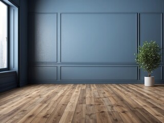 Empty Room with Blue Walls, Wood Floor, and Plant in a Pot