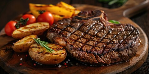 Wall Mural - Charred Ribeye Steak Accompanied by Oven-Baked Potato and Seasonal Vegetables