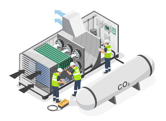 Engineer and technician maintenance service team installation  direct air capture carbon CO2 to O2 station eco industrial factory carbon credit friendly concept isometic isolated illustration