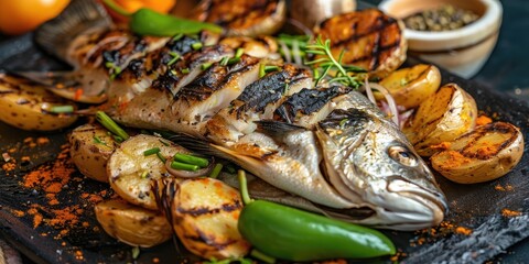 Wall Mural - Grilled Sea Bass Accompanied by SautÃƒÂ©ed Bell Peppers, Fried Potatoes, and Mushrooms