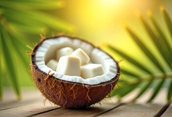 Wall Mural - A halved coconut shell filled with white coconut chunks, surrounded by green coconut leaves on a wooden surface