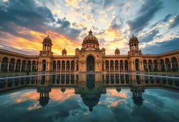 Wall Mural - A grand, ornate palace with a central domed structure surrounded by smaller domed towers, reflected in a tranquil pool of water