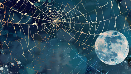 The artwork portrays a web of spiders illuminated by the moon.
