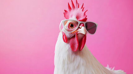 Wall Mural - White Hen with Sunglasses: Soft Pink Background with Copy Space for Creative Design