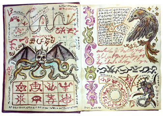 Hand drawn illustration of decorated old pages with creatures and mystic symbols from witch magic spell book. Gothic, occult and esoteric background. Only fantasy letters, no foreign language