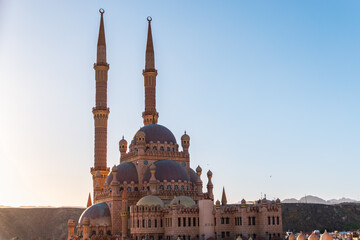 Beautiful Al Mustafa Mosque in Old Town of Sharm El Sheikh in Egypt, at sunset