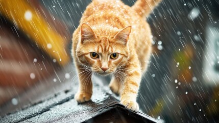 A cat is walking on a roof in the rain