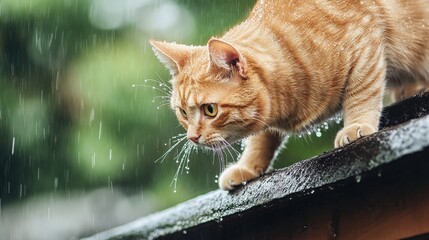 A cat is walking on a roof in the rain. The cat is orange and has a yellowish-orange stripe on its face. The cat is looking up at something, possibly a bird or another animal. The scene is moody