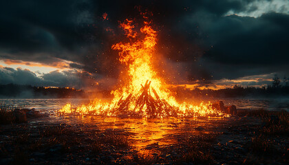 Wall Mural - burning bonfire lights up dark night sky beautifully generated by ai