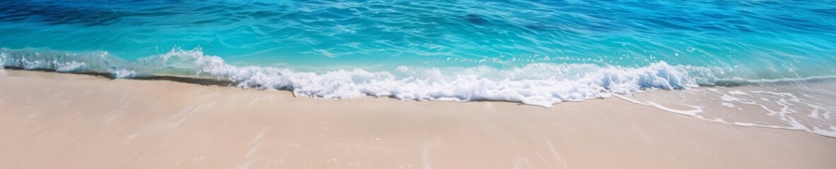 Tranquil beach meeting ocean, wide-angle shot of beachfront horizon.