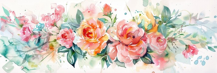 watercolor bouquet set. flower, rose in vase, with leaves isolated on white background