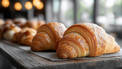 Poster - Freshly baked croissant on rustic wooden table indoors generated by AI