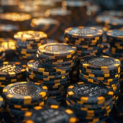 Stacks of casino chips in yellow, black, and gray shades, showcasing the vibrant colors and high stakes of gambling and gaming experiences.