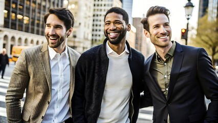 Happy Friends Walking in the City.