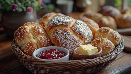 Sticker - Fresh bread basket on rustic table indoors eating generated by AI