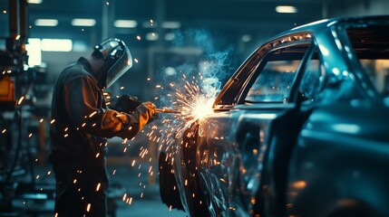 close-up of skilled technicians expertly welding car bodies, the intense glow of the welding torch illuminating the car repair center, with detailed equipment in the background