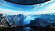 © TGIF - Immersive digital landscape art on curved screen with copy space, covering all objects, deep depth of field.