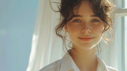 An 18-year-old woman in a white dress shirt, captured in a close-up shot, displaying a range of emotions on her face.