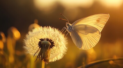 Canvas Print - Butterfly on dandelion sunlight. Generative AI