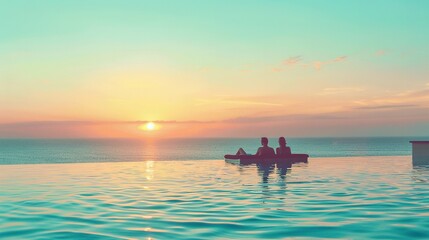 Couples Relaxing Near Swimming Pool at Sunset in Luxury Hotel: Banner Background with Copyspace for Beach Holidays