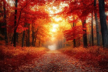 Colorful trees and footpath road in autumn landscape in deep forest. The autumn colors in the forest create a magnificent view. autumn view in nature