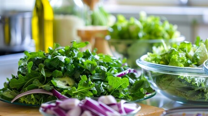 Fresh green salad ingredients on kitchen counter with sharp, vibrant textures, deep depth of field, ample copy space.