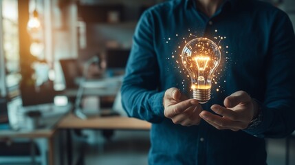 A businessman holding a lightbulb icon hologram, representing innovation, while standing in a bright, minimalistic office