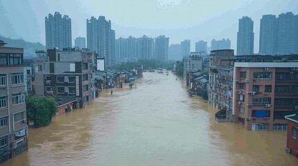 Wall Mural - Flood disaster, river flooding in the Yangtze Basin, affected cities and countryside, high water levels and muddy conditions, cloudy and stormy weather