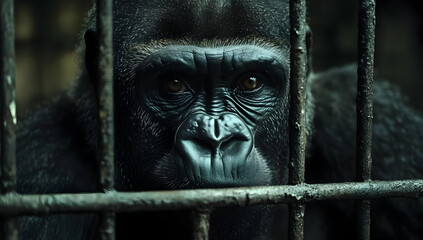 A close-up of a gorilla observing from behind bars, illustrating the theme of captivity and wildlife conservation.