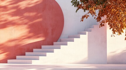 Poster - 3D rendering of stairs in a minimalist setting featuring modern geometric design Autumnal hues create a backdrop suitable for banners or product showcases
