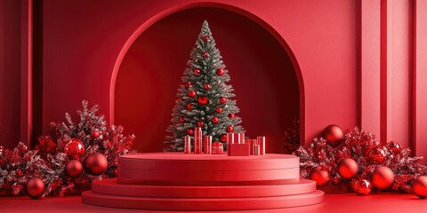 Aufkleber - 3D red podium with a festive backdrop featuring a Christmas tree designed for a New Year theme showcasing a product display stand for cosmetics illustrated in a Vray render style