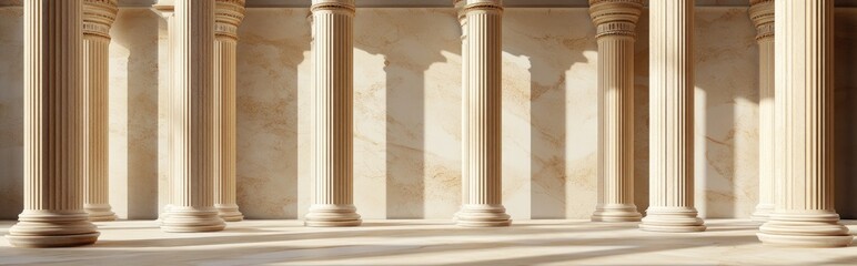 Poster - 3D rendering of classic beige pillars on Roman column backgrounds featuring marble architecture designed for product display Elements of ancient Greek architecture with pillars