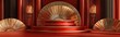 © AImmersive Imagery - 3D rendering of a vacant red and gold cylindrical podium encircled by ornate fans