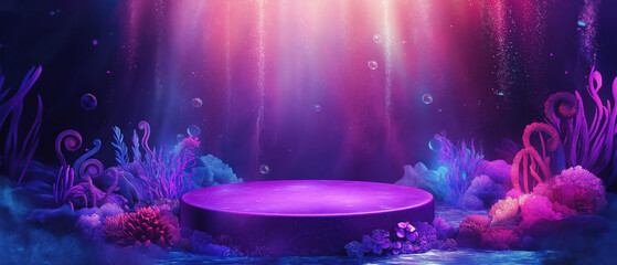 A vibrant underwater scene featuring a glowing pedestal surrounded by colorful corals and bubbles.